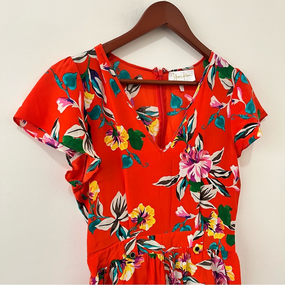Yumi Kim 100% Silk Red Floral Jumpsuit S Vacation Vibrant Tropical Chic - Picture 4 of 12
